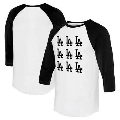 Women's Tiny Turnip White/Black Los Angeles Dodgers Logo Grid 3/4 Sleeve Raglan T-Shirt