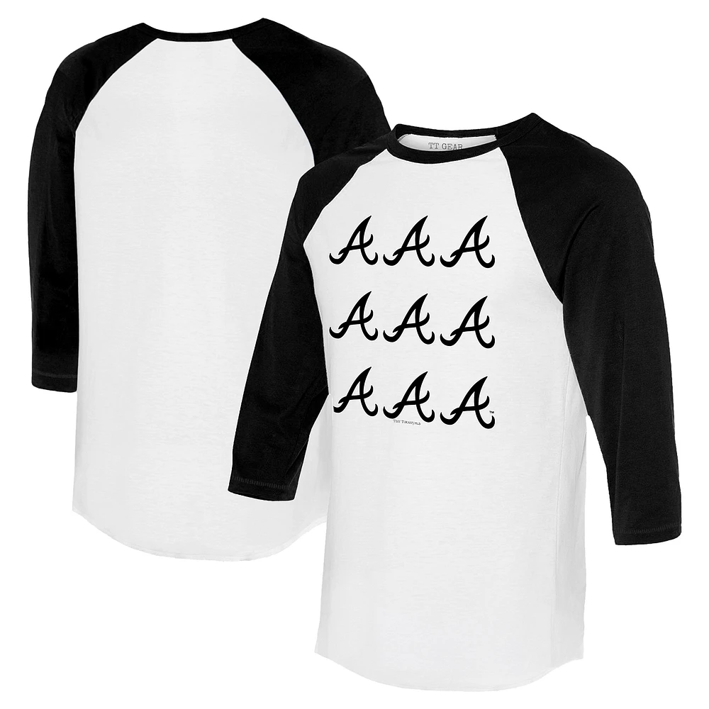 Women's Tiny Turnip White/Black Atlanta Braves Logo Grid 3/4 Sleeve Raglan T-Shirt