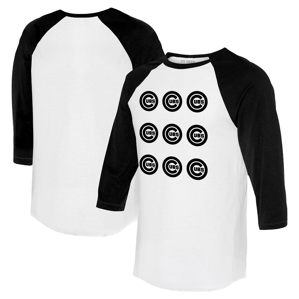 Women's Tiny Turnip White/Black Chicago Cubs Logo Grid 3/4 Sleeve Raglan T-Shirt