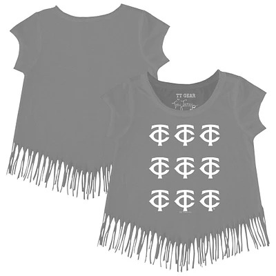 Girls Youth Tiny Turnip Gray Minnesota Twins Logo Grid Fringe T-Shirt