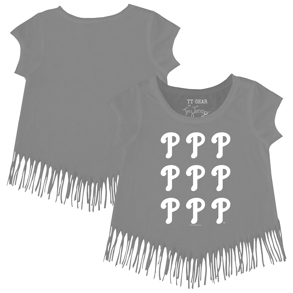 Girls Youth Tiny Turnip Gray Philadelphia Phillies Logo Grid Fringe T-Shirt