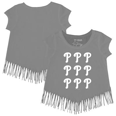 Girls Youth Tiny Turnip Gray Philadelphia Phillies Logo Grid Fringe T-Shirt