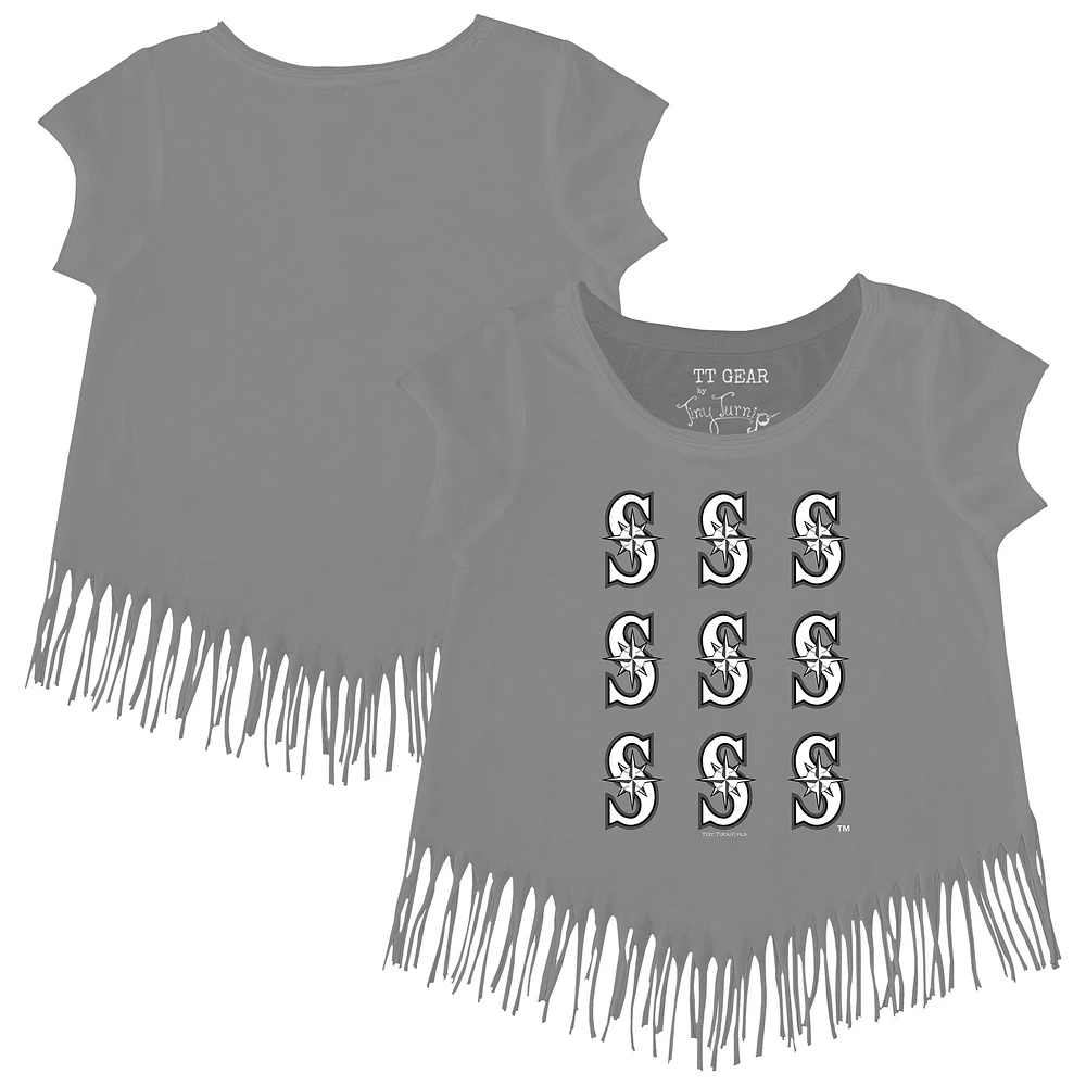 Girls Youth Tiny Turnip Gray Seattle Mariners Logo Grid Fringe T-Shirt