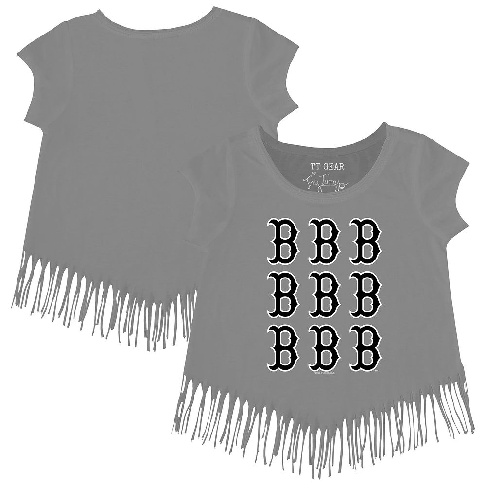 Girls Youth Tiny Turnip Gray Boston Red Sox Logo Grid Fringe T-Shirt