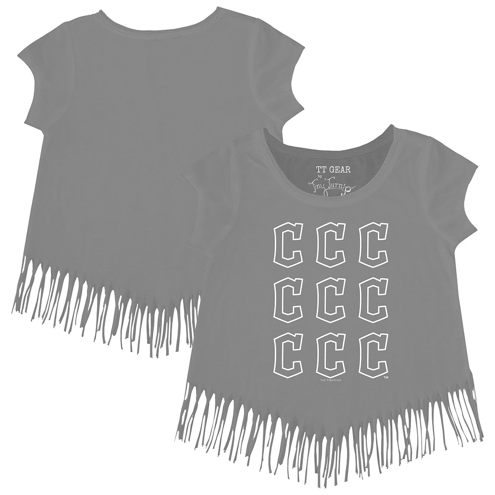 Girls Youth Tiny Turnip Gray Cleveland Guardians Logo Grid Fringe T-Shirt
