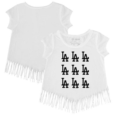 Girls Youth Tiny Turnip White Los Angeles Dodgers Logo Grid Fringe T-Shirt