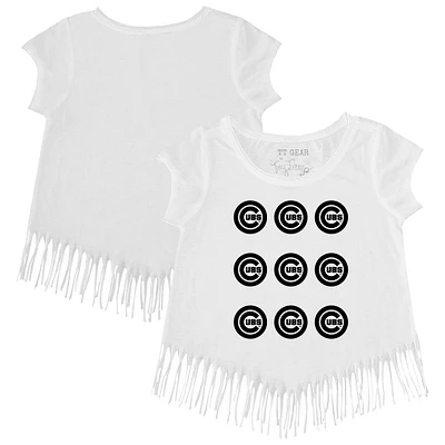 Girls Youth Tiny Turnip White Chicago Cubs Logo Grid Fringe T-Shirt