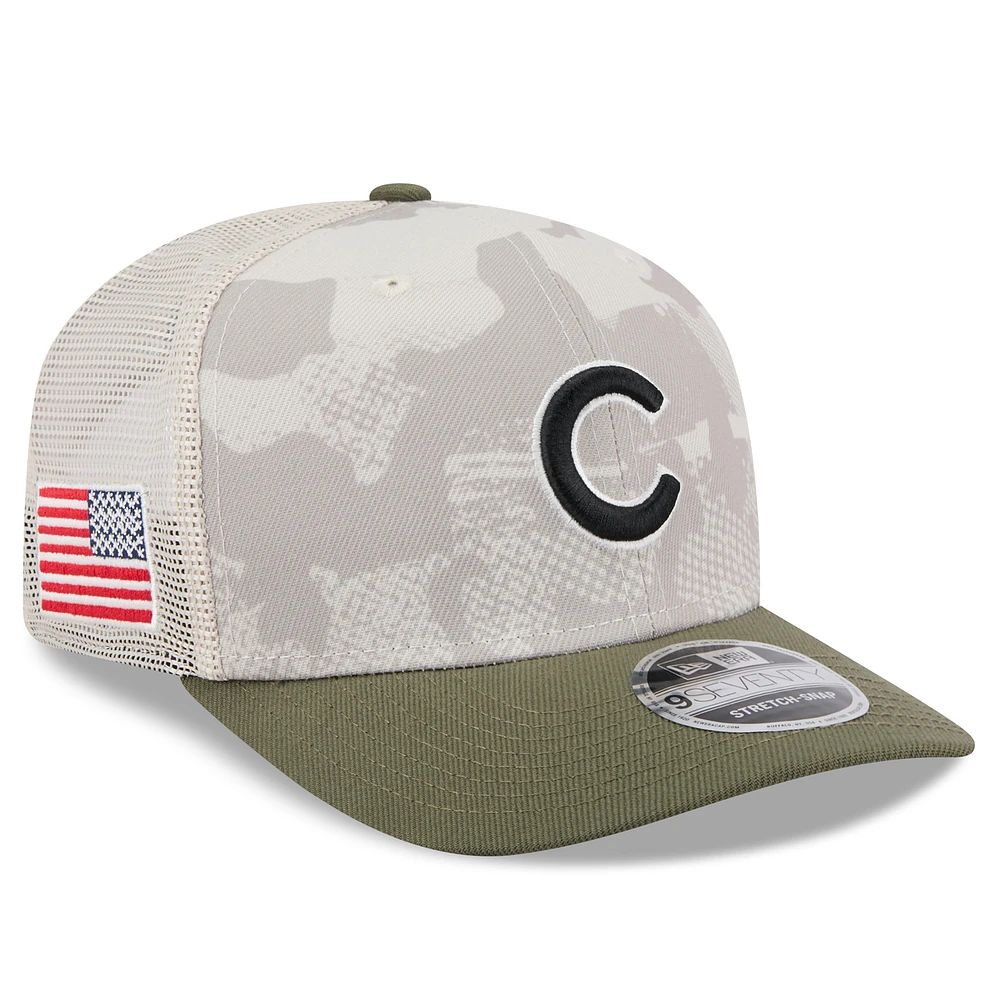 Men's New Era Light Beige/Olive Chicago Cubs 2025 Armed Forces Day 9SEVENTY Stretch-Snap Hat