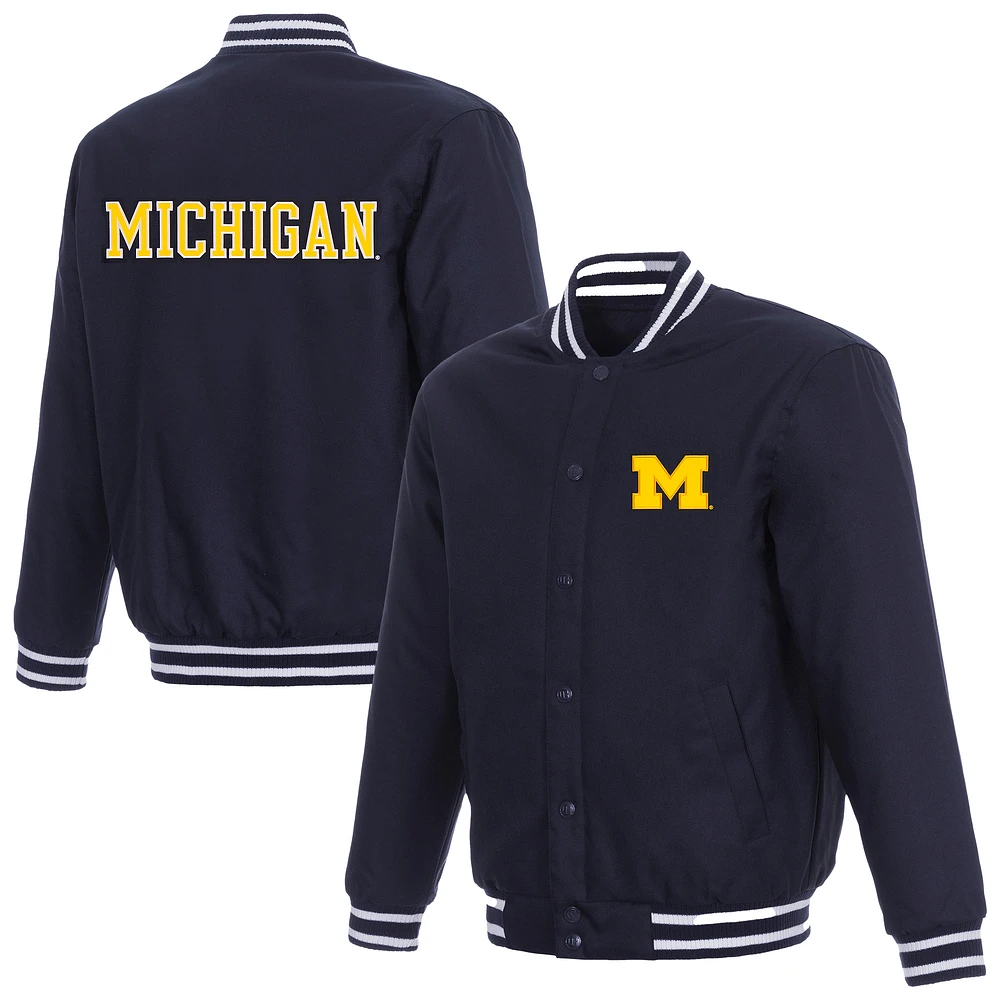 Men's JH Design Navy Michigan Wolverines Poly Twill Full-Snap Varsity Jacket