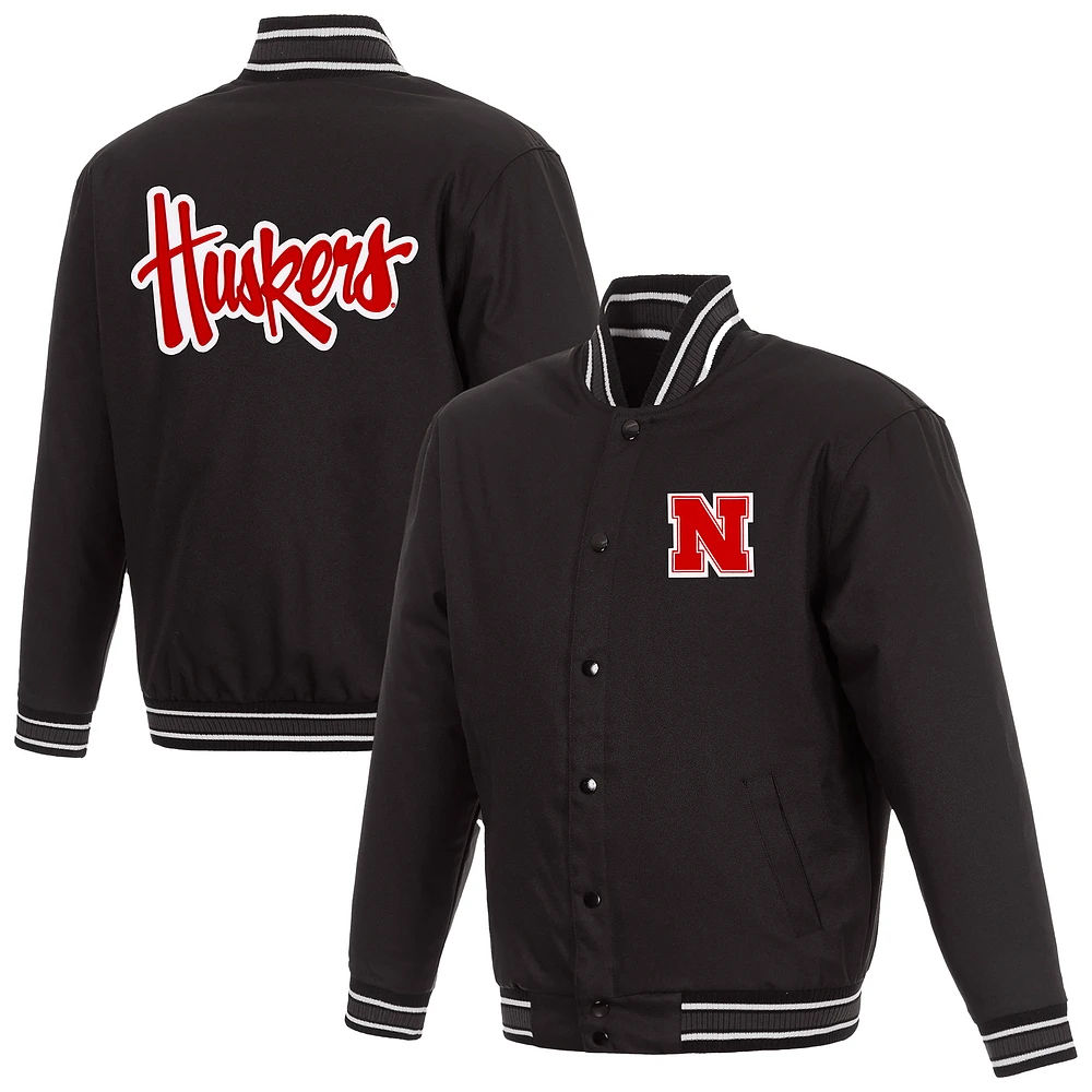 Men's JH Design Black Nebraska Huskers Poly Twill Full-Snap Varsity Jacket