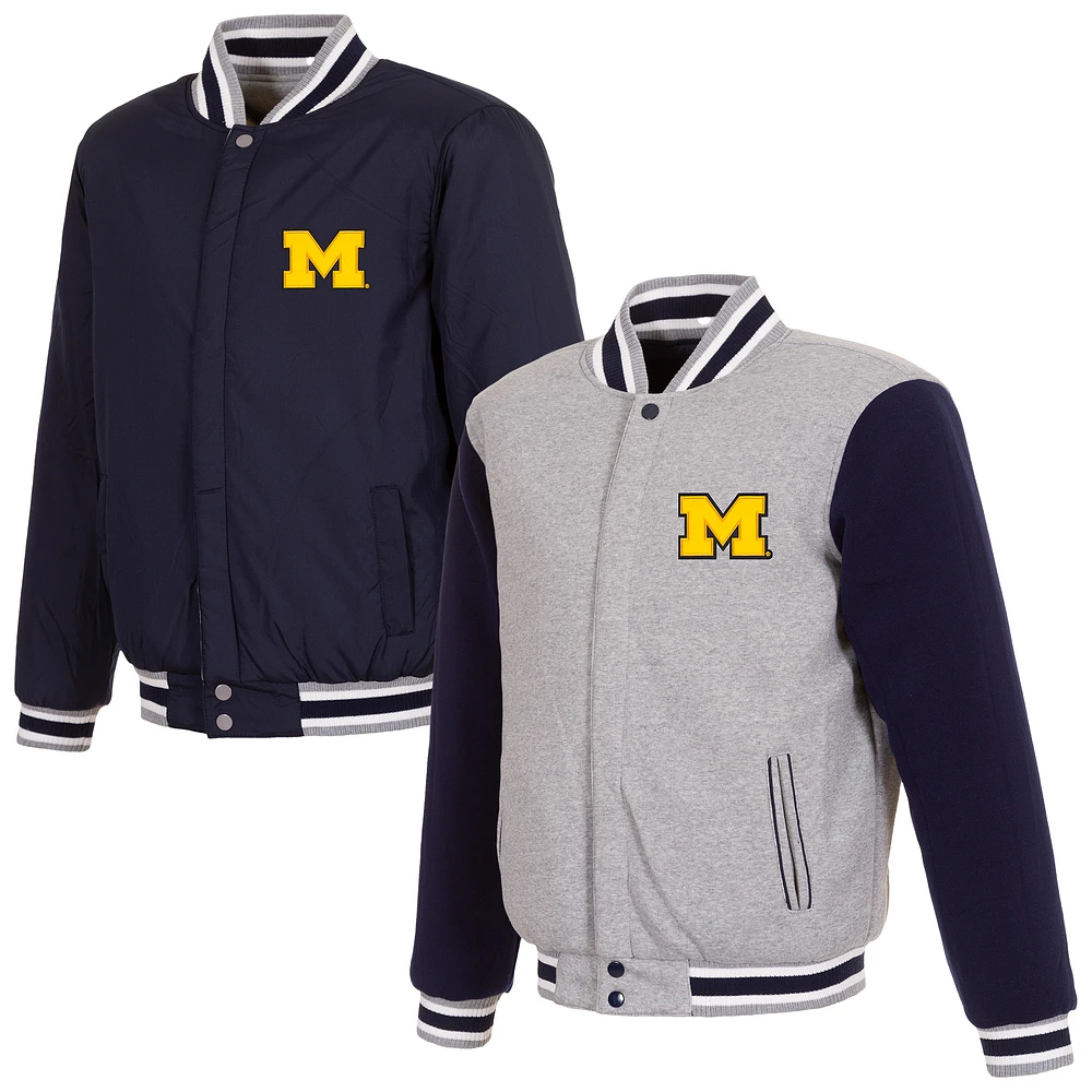 Men's Gray/Navy Michigan Wolverines Reversible Two-Tone Fleece Full-Zip Jacket