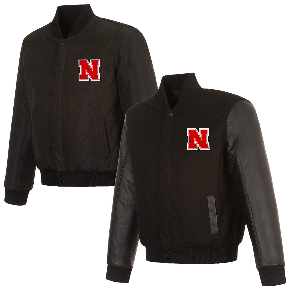 Men's JH Design Black Nebraska Huskers Wool & Leather Reversible Full-Zip Varsity Jacket