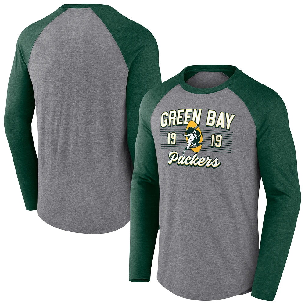 Men's Fanatics Heather Gray/Heather Green Green Bay Packers Weekend Casual Raglan Tri-Blend Long Sleeve T-Shirt