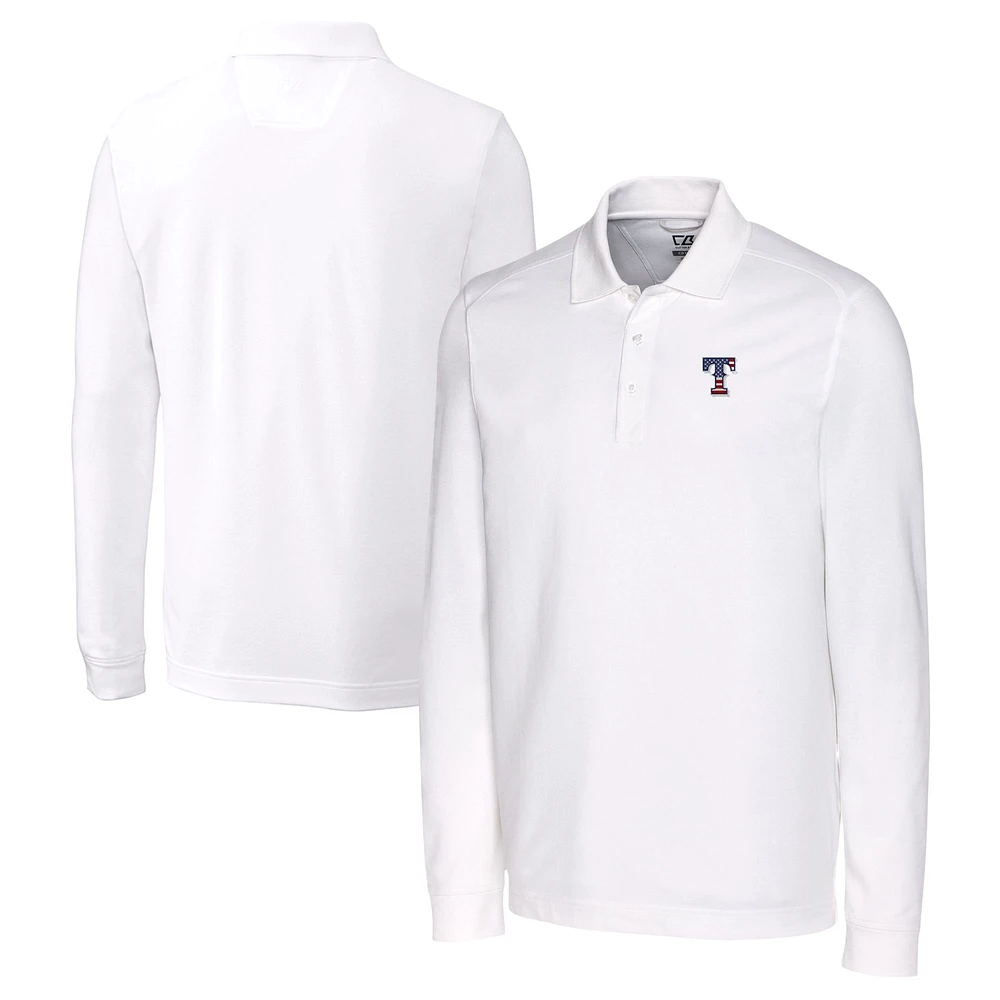 Men's Cutter & Buck White Texas Rangers Big Tall Americana Advantage Eco Pique DryTec Tri-Blend Long Sleeve Polo