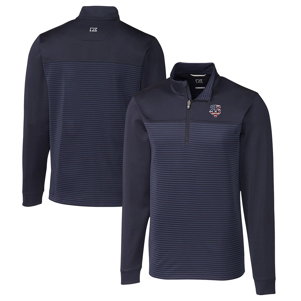 Men's Cutter & Buck Navy Minnesota Twins Big Tall Americana Traverse Eco Stripe Tri-Blend DryTec Quarter-Zip Jacket