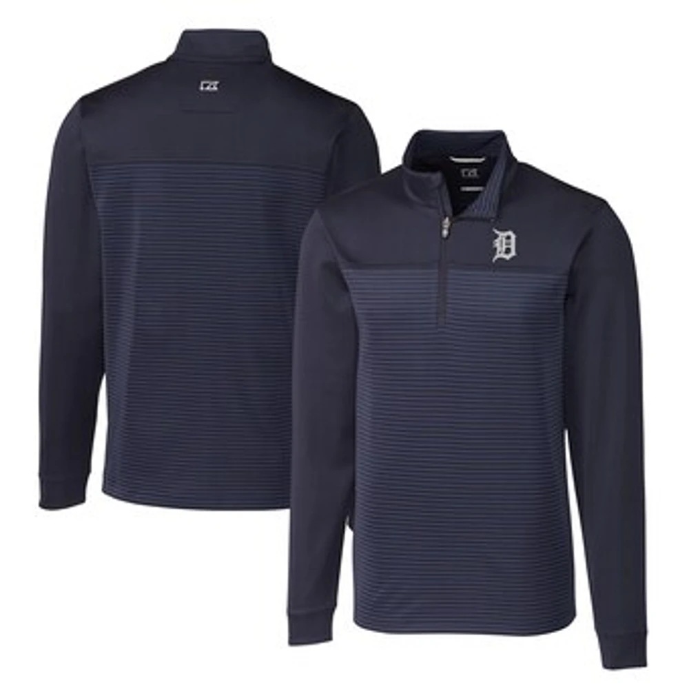 Men's Cutter & Buck Navy Detroit Tigers Big Tall Traverse Stripe Stretch DryTec Quarter-Zip Top