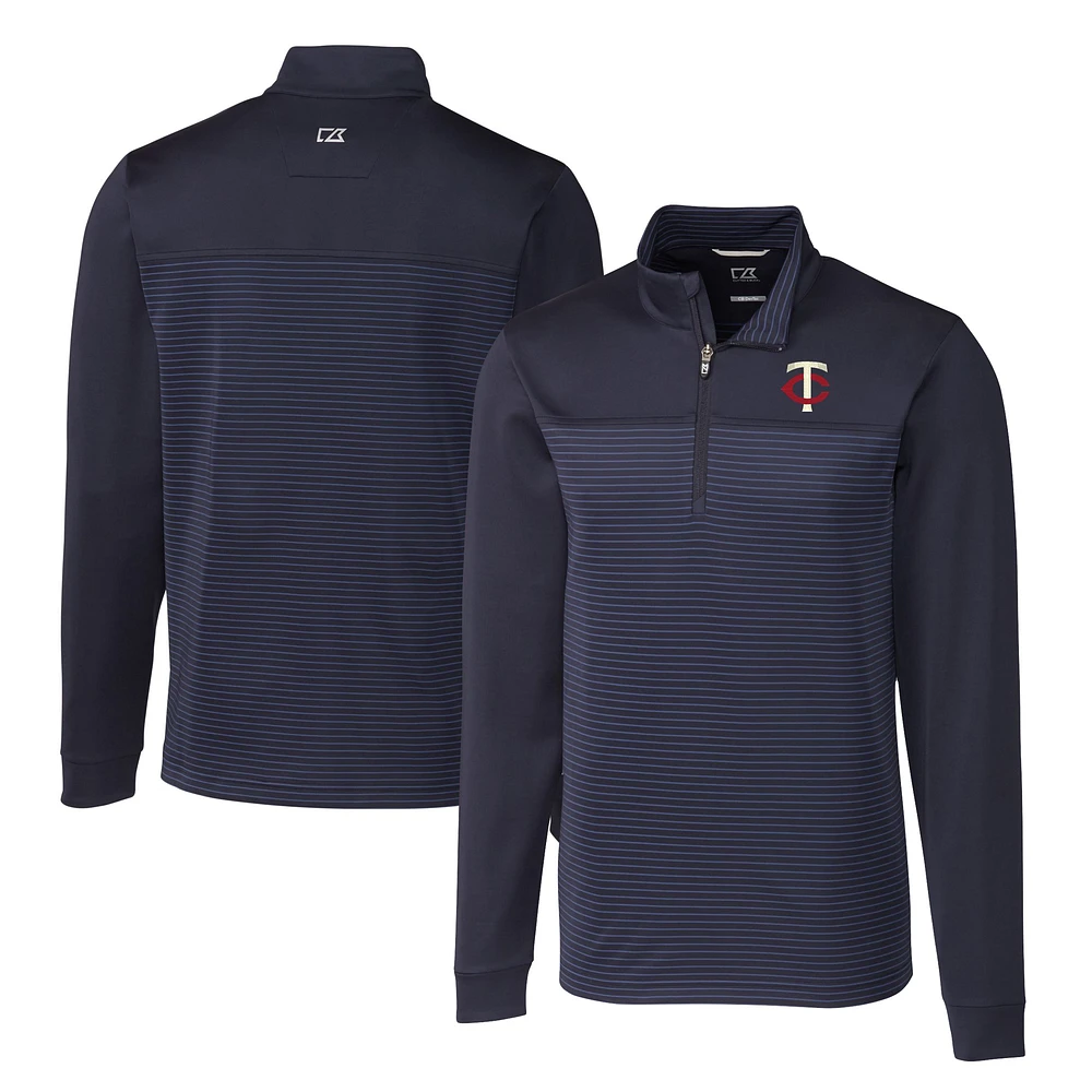 Men's Cutter & Buck Navy Minnesota Twins Big Tall Traverse Stripe Stretch DryTec Quarter-Zip Top