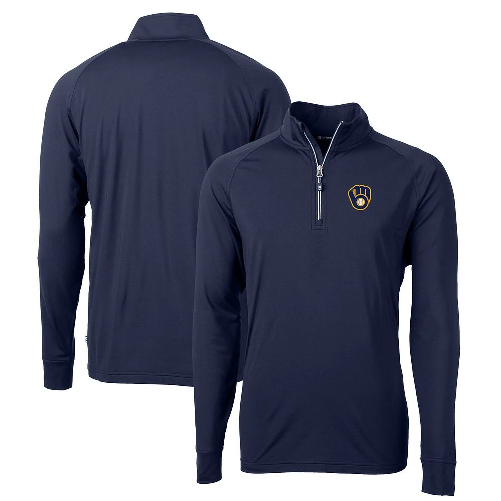 Men's Cutter & Buck Navy Milwaukee Brewers Big Tall Adapt Eco Knit Stretch Recycled Raglan DryTec Quarter-Zip Top