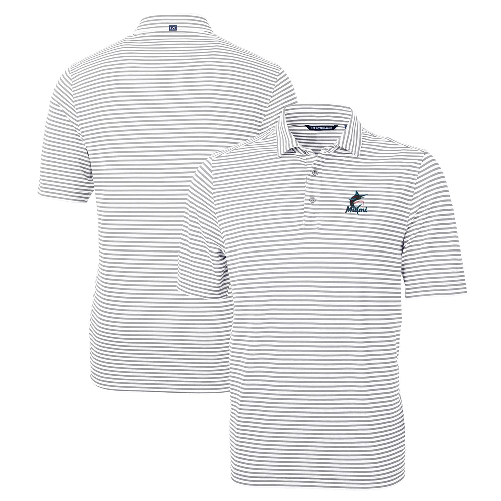 Men's Cutter & Buck Gray Miami Marlins Big Tall Virtue Eco Pique Stripe Recycled Polo
