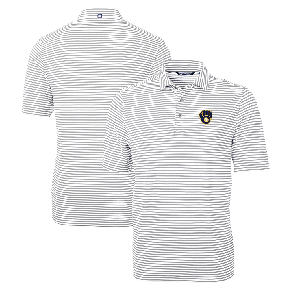 Men's Cutter & Buck Gray Milwaukee Brewers Big Tall Virtue Eco Pique Stripe Recycled DryTec Polo