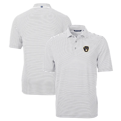 Men's Cutter & Buck Gray Milwaukee Brewers Big Tall Virtue Eco Pique Stripe Recycled DryTec Polo