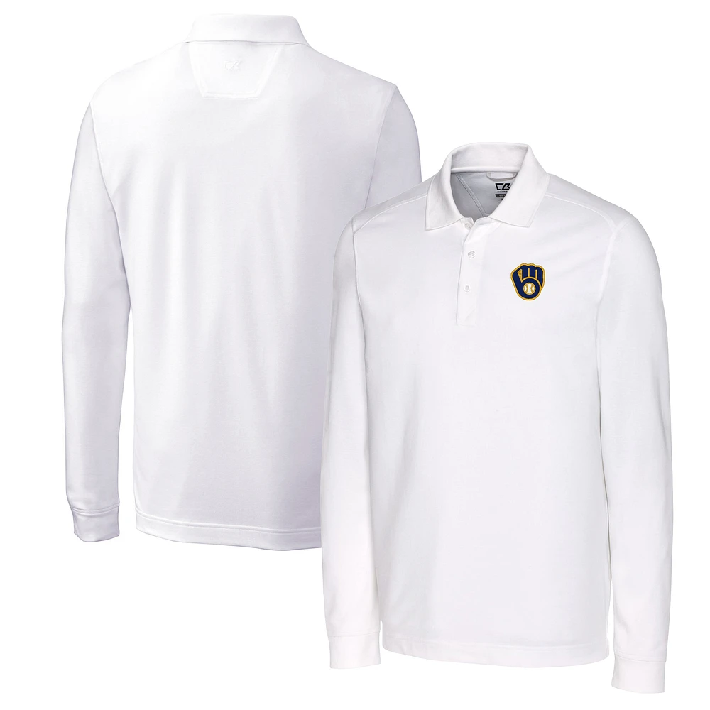 Men's Cutter & Buck White Milwaukee Brewers Big Tall Advantage Eco Pique DryTec Tri-Blend Long Sleeve Polo