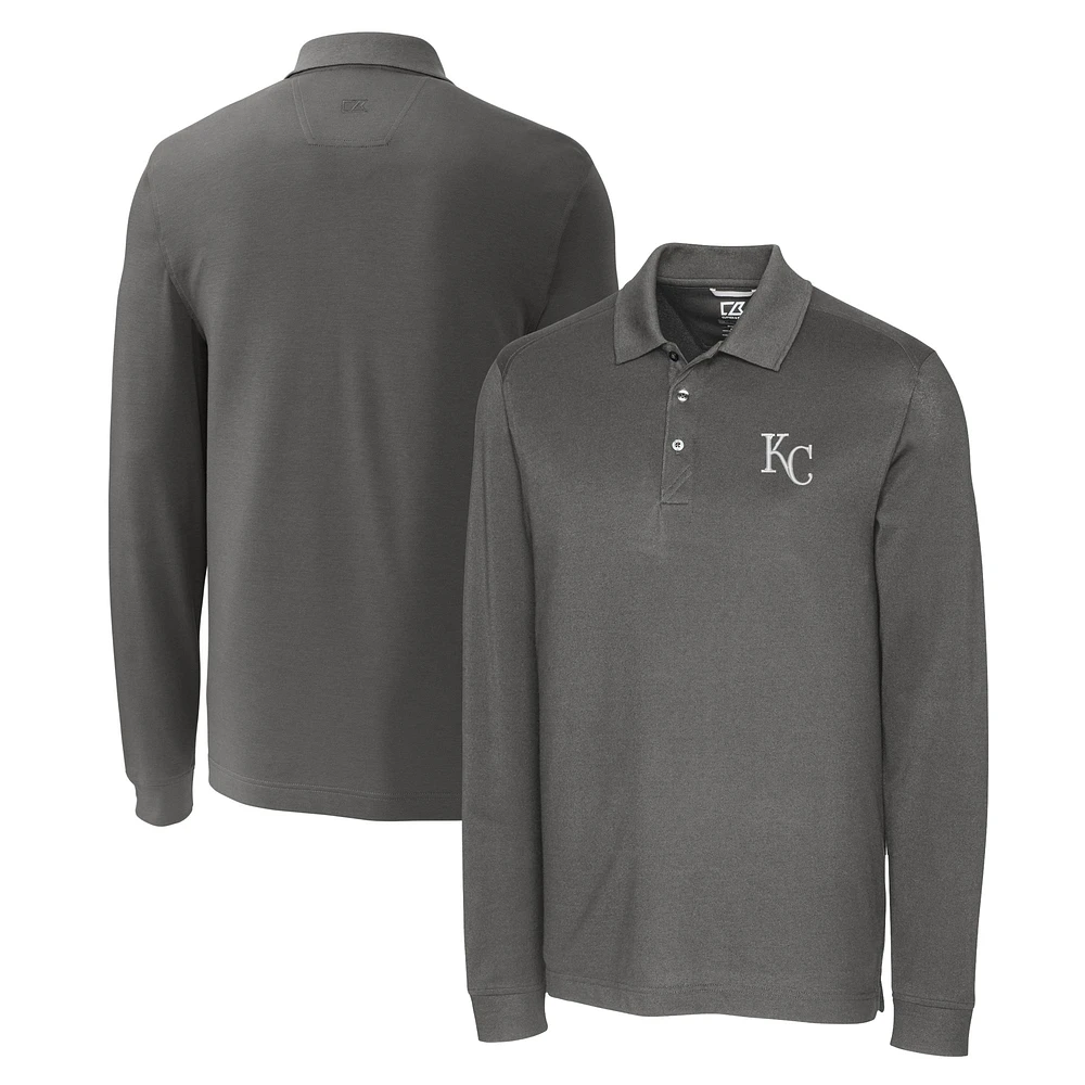 Men's Cutter & Buck Gray Kansas City Royals Big Tall Advantage Eco Pique DryTec Tri-Blend Long Sleeve Polo