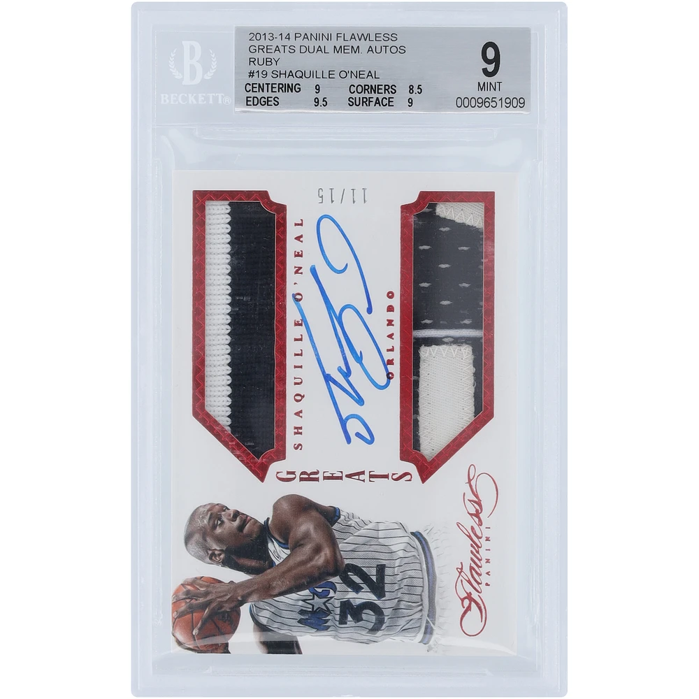 Shaquille O'Neal Orlando Magic Autographed 2013-14 Panini Flawless Dual Relic #GR-SO #11/15 BGS Authenticated 9/10 Card - 9,8.5,9.5,9 Subgrades