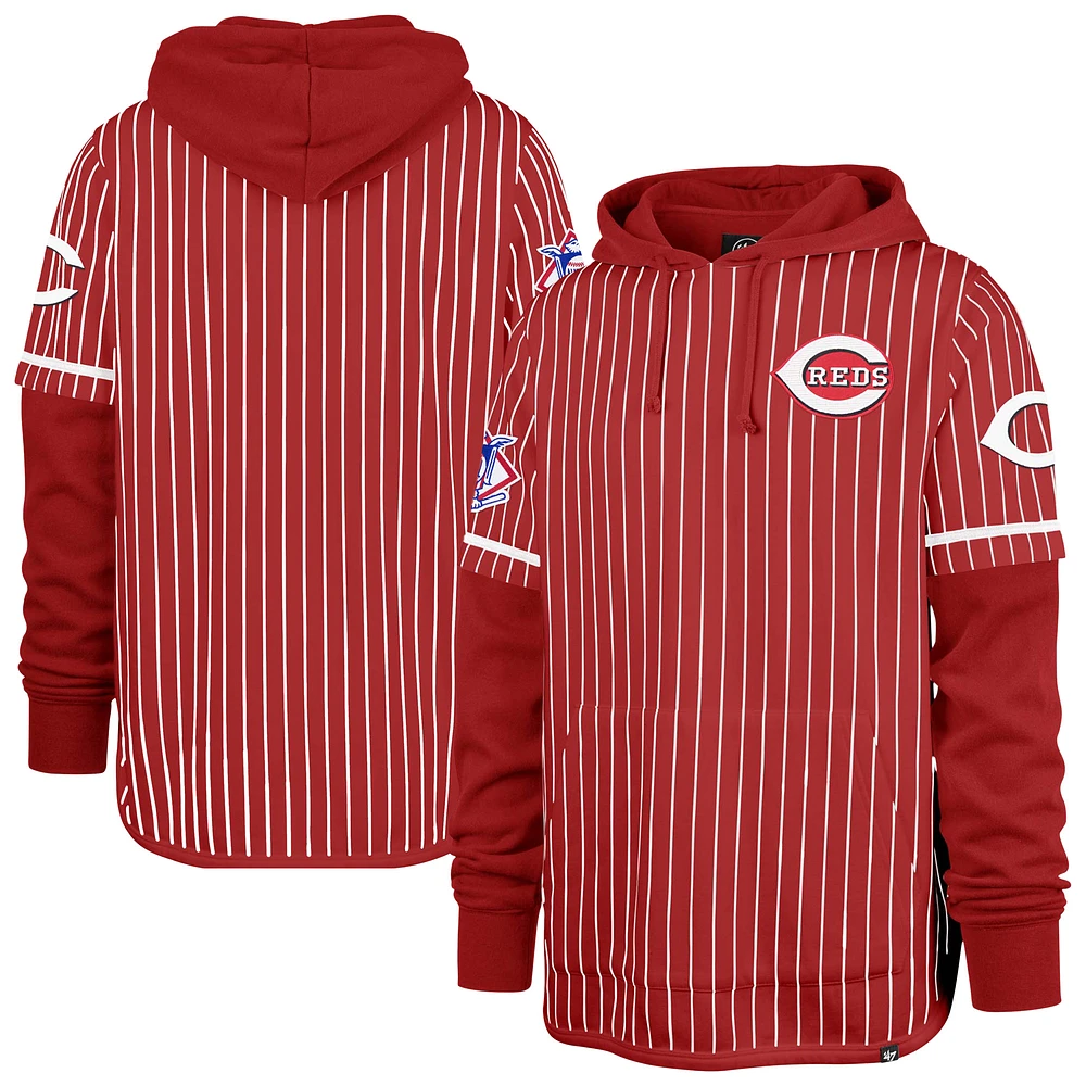Men's '47 Red Cincinnati Reds Pinstripe Double Header Pullover Hoodie