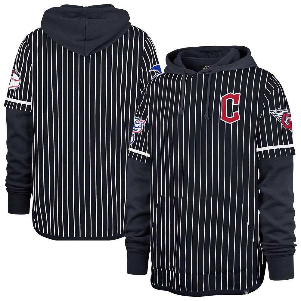 Men's '47 Navy Cleveland Guardians Pinstripe Double Header Pullover Hoodie