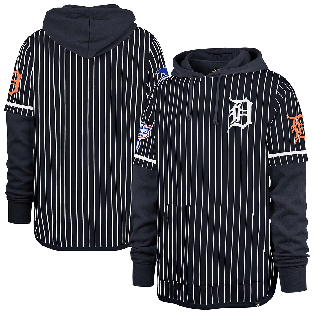 Men's '47 Navy Detroit Tigers Pinstripe Double Header Pullover Hoodie