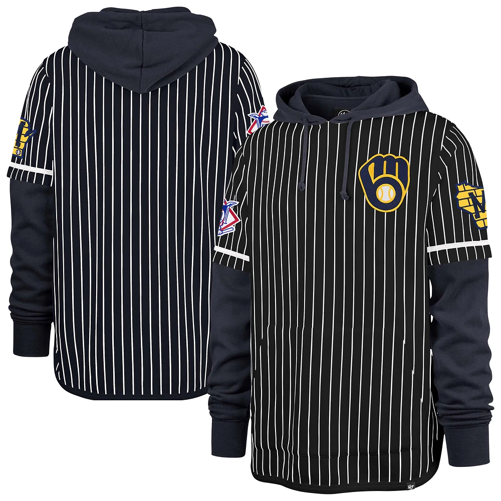 Men's '47 Navy Milwaukee Brewers Pinstripe Double Header Pullover Hoodie
