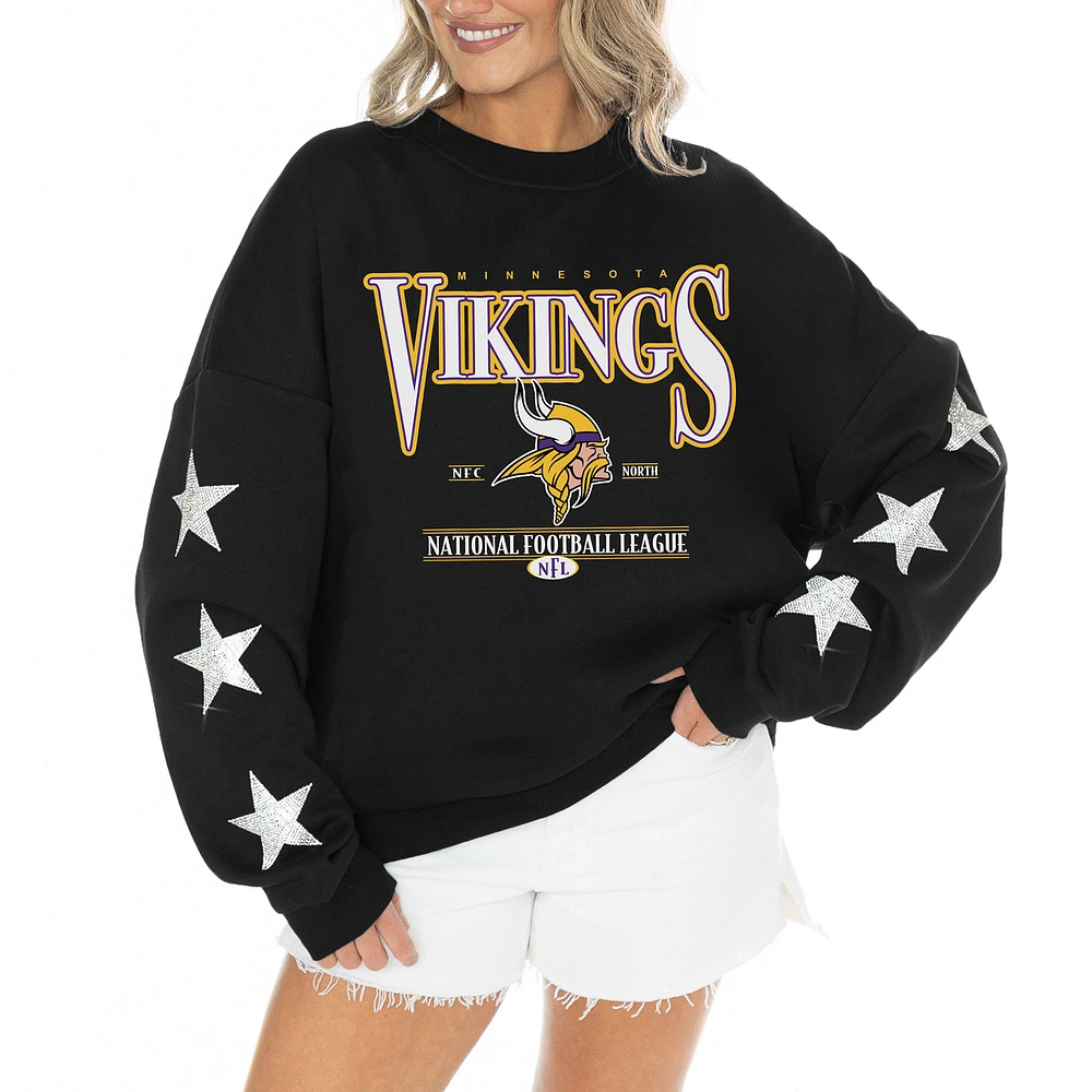 Women's Gameday Couture Black Minnesota Vikings Rhinestone Star Sleeve Settle the Score Oversized Tri-Blend Pullover