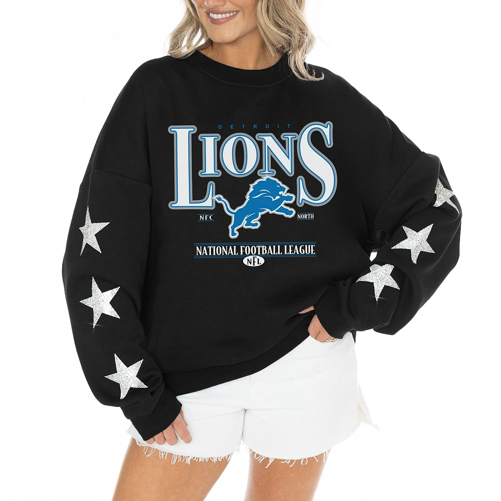 Women's Gameday Couture Black Detroit Lions Rhinestone Star Sleeve Settle the Score Oversized Tri-Blend Pullover