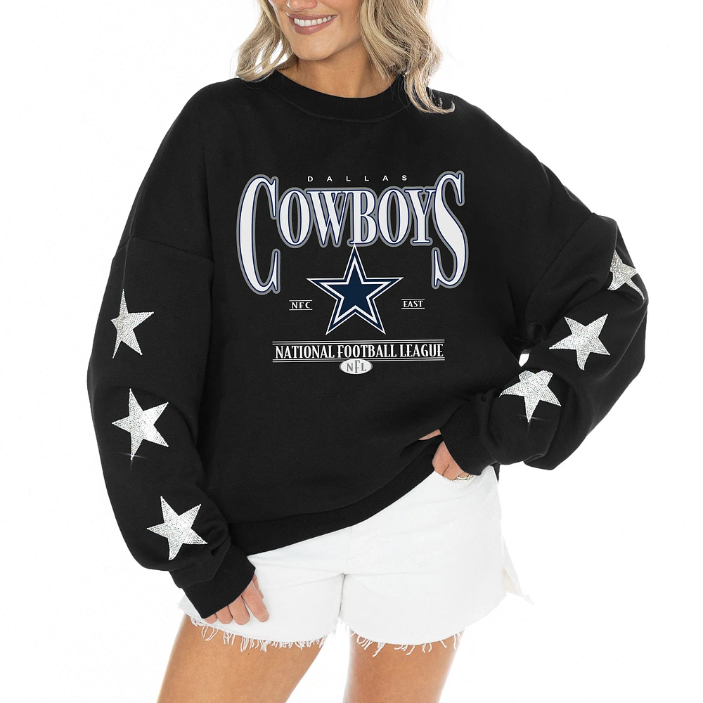 Women's Gameday Couture Black Dallas Cowboys Rhinestone Star Sleeve Settle the Score Oversized Tri-Blend Pullover