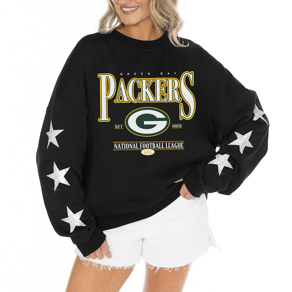 Women's Gameday Couture Black Green Bay Packers Rhinestone Star Sleeve Settle the Score Oversized Tri-Blend Pullover