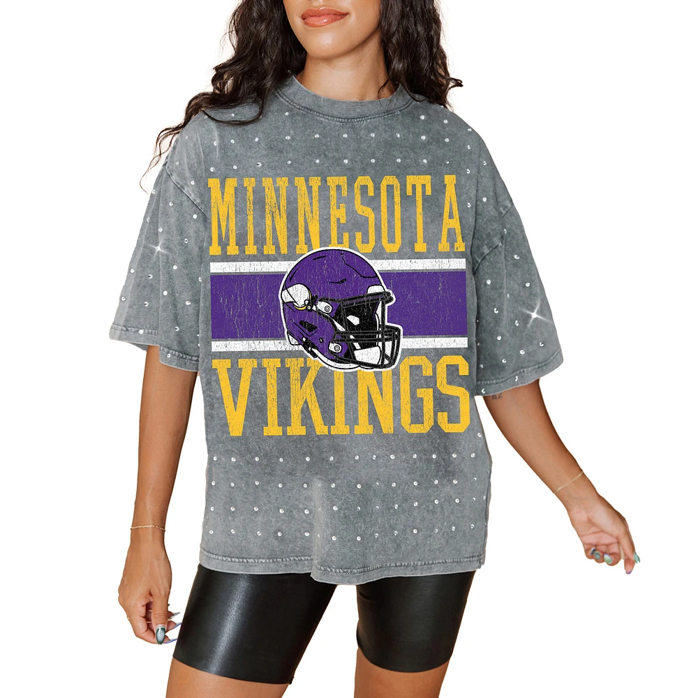 Women's Gameday Couture Gray Minnesota Vikings Oversized Mini Rhinestone Classic T-Shirt