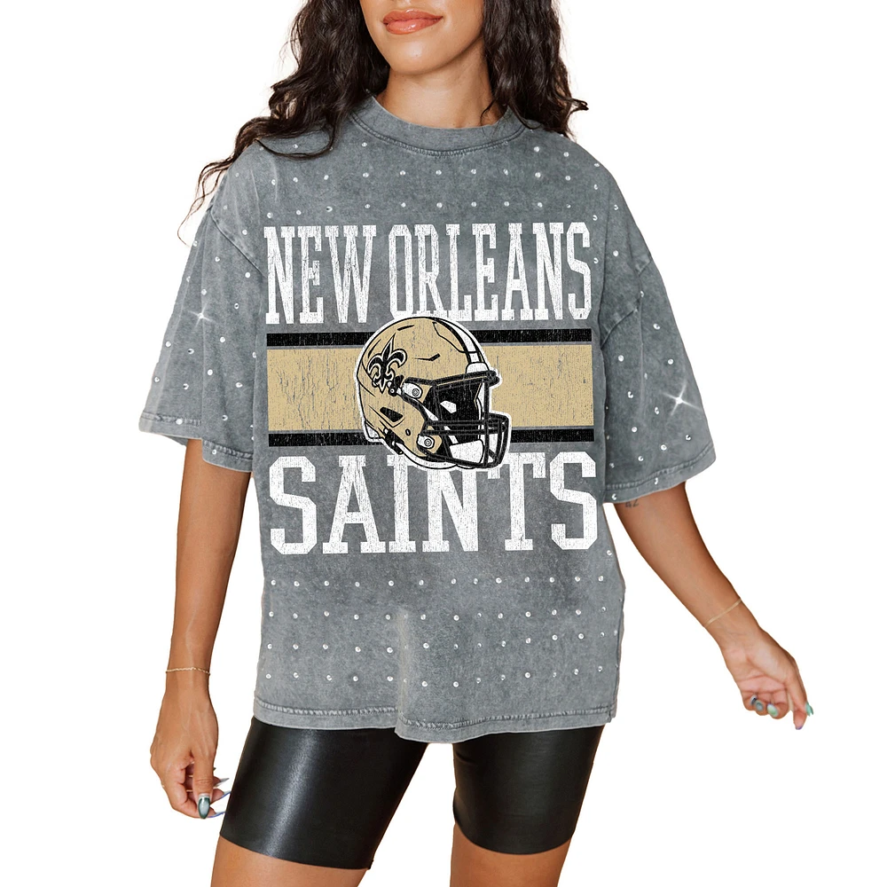 Women's Gameday Couture Gray New Orleans Saints Oversized Mini Rhinestone Classic T-Shirt