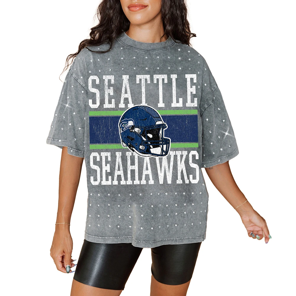 Women's Gameday Couture Gray Seattle Seahawks Oversized Mini Rhinestone Classic T-Shirt