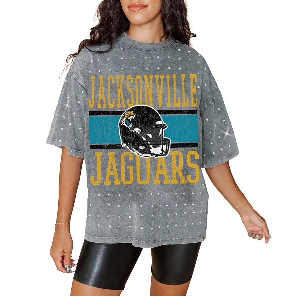 Women's Gameday Couture Gray Jacksonville Jaguars Oversized Mini Rhinestone Classic T-Shirt