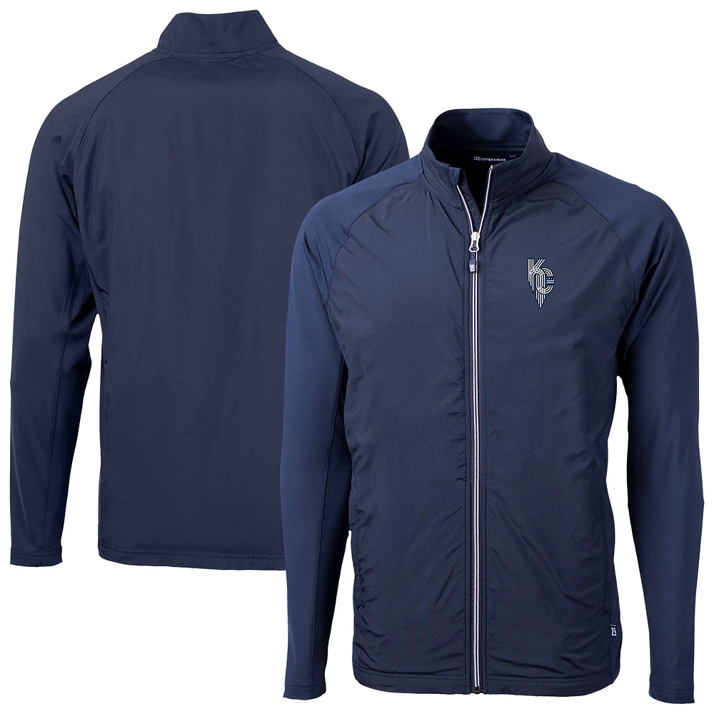 Men's Cutter & Buck Navy Kansas City Royals Adapt Eco Knit Hybrid Recycled Full-Zip Jacket