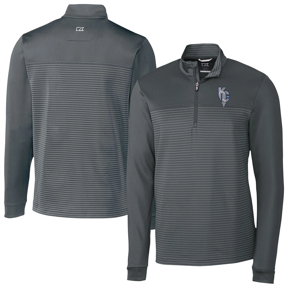 Men's Cutter & Buck Gray Kansas City Royals Traverse Stripe Stretch Quarter-Zip Pullover Top