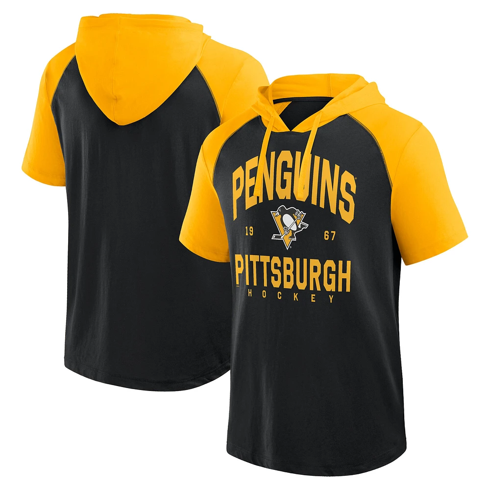 Men's Logo Athletic Black Pittsburgh Penguins Prime Raglan Short Sleeve Pullover Hoodie