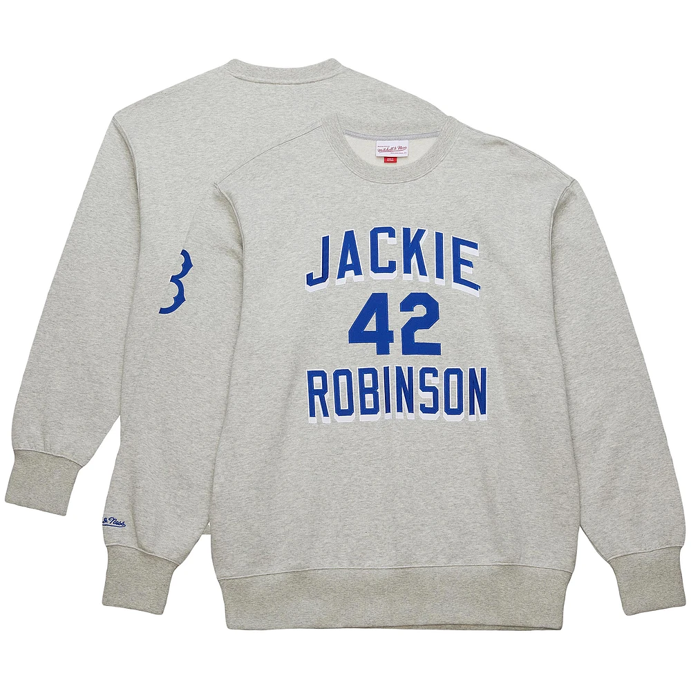 Men's Mitchell & Ness Jackie Robinson Heather Gray Brooklyn Dodgers Legends Collection Vintage Logo Name Number Fleece Pullover Sweatshirt