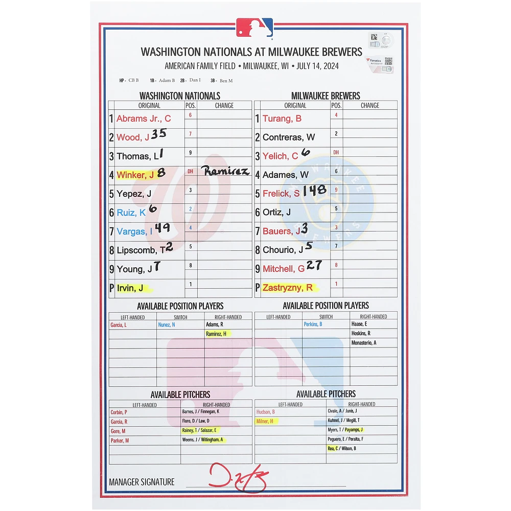 Washington Nationals Game-Used Lineup Card vs. Milwaukee Brewers on July 14, 2024
