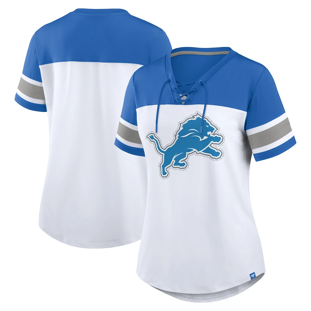 Women's Fanatics White/Blue Detroit Lions Athena Rhinestone Lace-Up V-Neck T-Shirt
