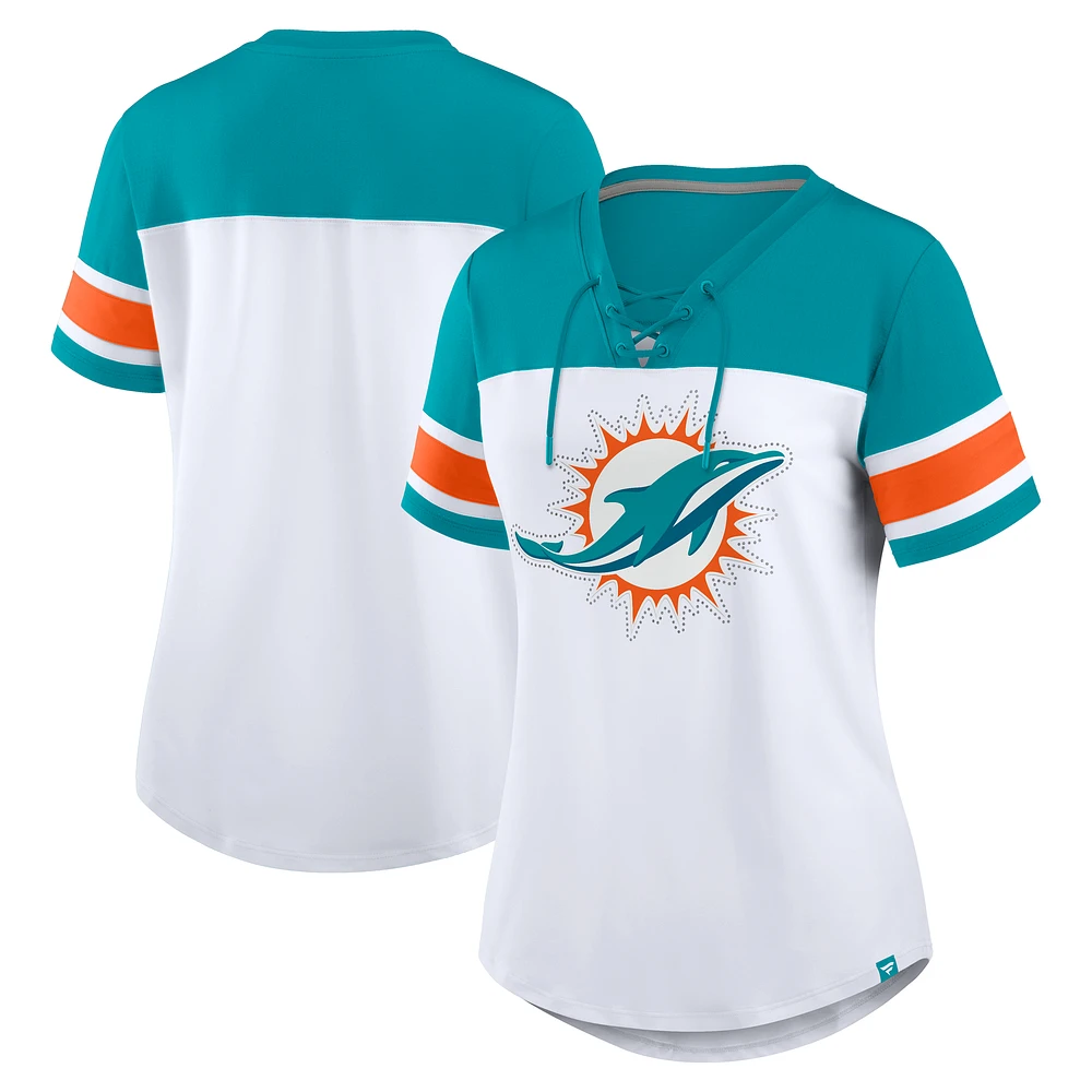 Women's Fanatics White/Aqua Miami Dolphins Athena Rhinestone Lace-Up V-Neck T-Shirt