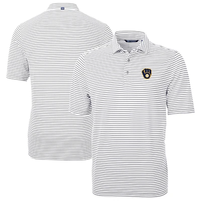 Men's Cutter & Buck Gray Milwaukee Brewers Virtue Eco Pique Stripe Recycled Polo