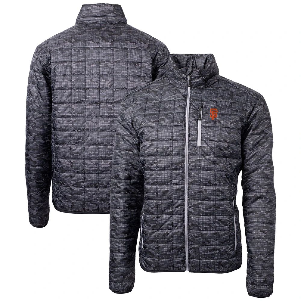 Men's Cutter & Buck Black San Francisco Giants Rainier PrimaLoft® Eco Insulated Full-Zip Hoodie Printed Puffer Jacket