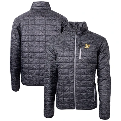 Men's Cutter & Buck Black Athletics Rainier PrimaLoft® Eco Insulated Full-Zip Hoodie Printed Puffer Jacket
